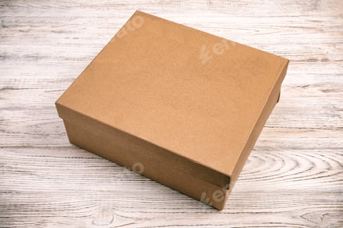 Preview: Brown closed cardboard box on a wooden background. top view vintage, toned, blank for you design