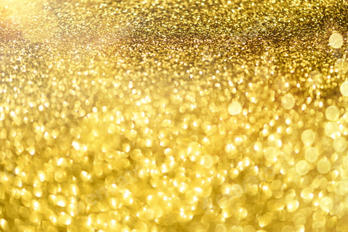 Preview: Holiday abstract texture. Christmas card with copy space. Gold bokeh background, defocused lights