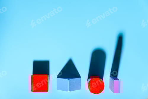 Preview: Blue background with red geometric figures casting shadows in a simple composition.