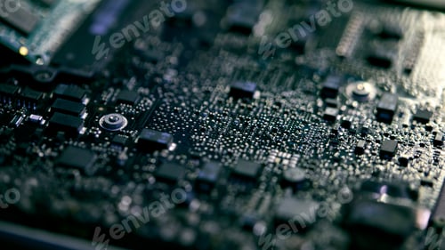 Preview: Close Up Of Electronic Circuit Board Of Laptop Being Repaired In Workshop With Low Key Lighting