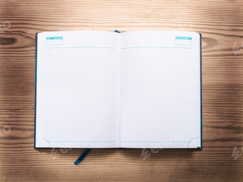 Preview: Notepad opened on wooden background top view flat lay