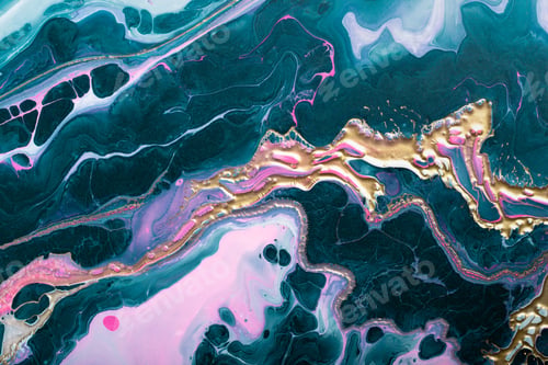 Preview: Gold metallic waves on aquamarine blue bubbly swirls. Fluid Art. Marble effect background or texture