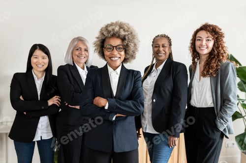 Preview: group multiracial business women meeting with arms crossed - business concept -