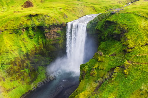 Preview: Iceland. Aerial view on the Skogafoss waterfall. Landscape in the Iceland from air.