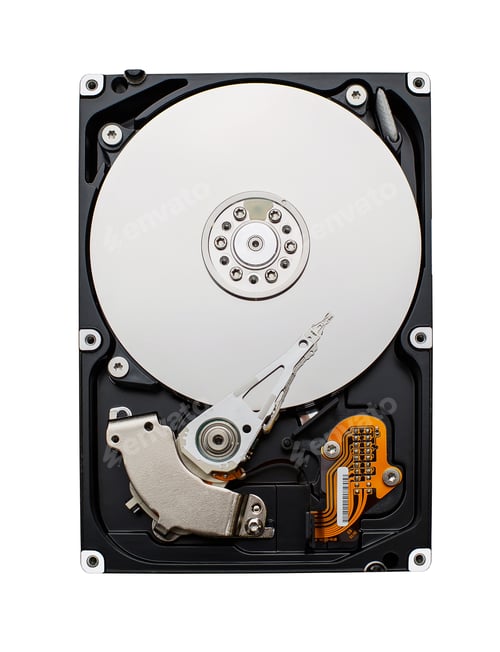 Preview: Detailed view of the inside of a hard disk drive. Front view of HDD. Storage Concept