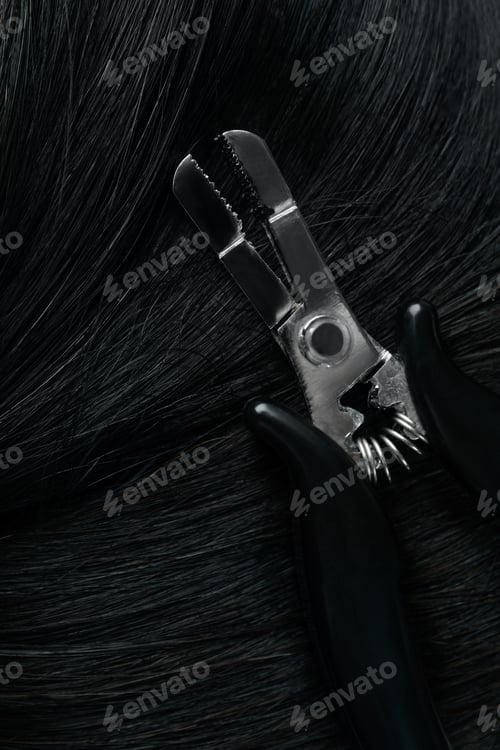 Preview: Female hair and hair extension tongs, close up