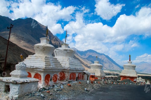 Preview: Buddhist stupa and Buddhist monastery in mountains of Ladakh, India.