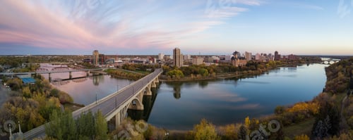 Preview: Aerial panoramic view of a bridge going over Saskatchewan River