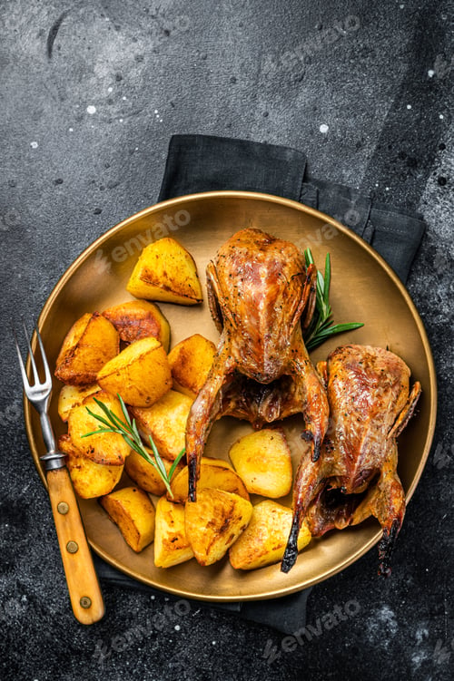 Preview: Delicious roasted quails with herbs in a plate with fried potato. Black background. Top view