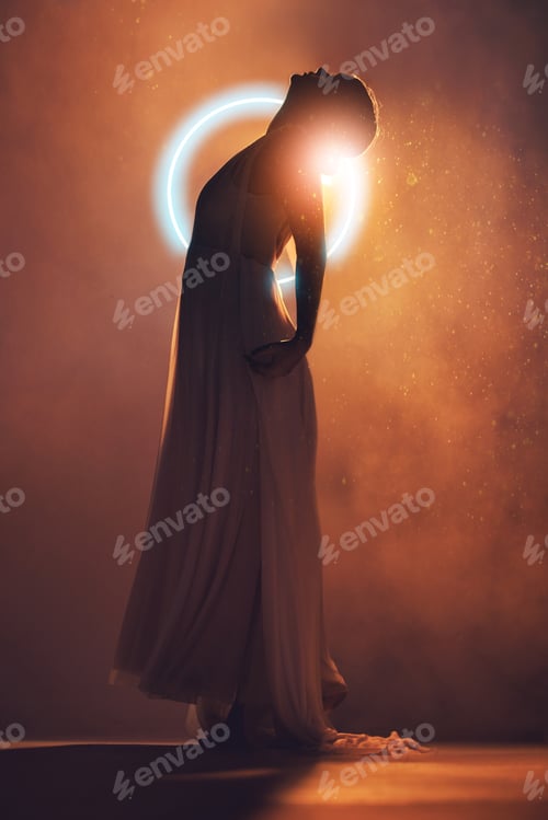 Preview: Neon circle, silhouette and woman in orange lighting with dress for creative fashion, art deco and