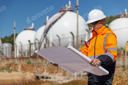 Preview: A construction engineer in protective gear examines blueprints at a gas storage facility.