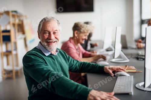 Preview: Portrait of senior man attending computer and technology education class