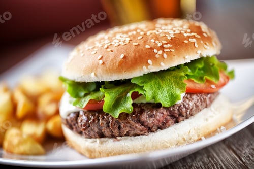 Preview: Big sandwich. Hamburger burger with beef, tomato, cheese and salad.