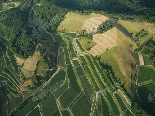 Preview: aerial view of beautiful agricultural fields and green hills, europe