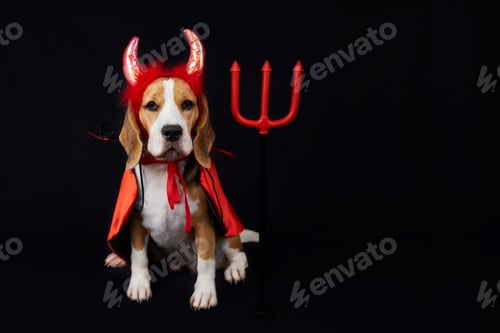 Preview: A beagle dog with devil horns, a red and black cape and a trident as a costume