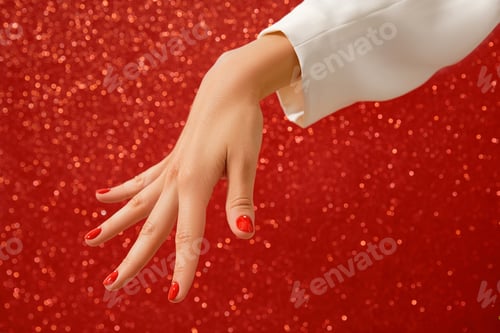 Preview: Womans hand with red minimalist nail design. Manicure, pedicure beauty salon concept