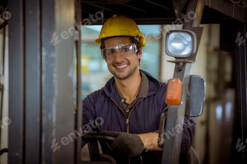 Preview: Portrait worker industry factory wear safety uniform factory drive a forklift car and open car light