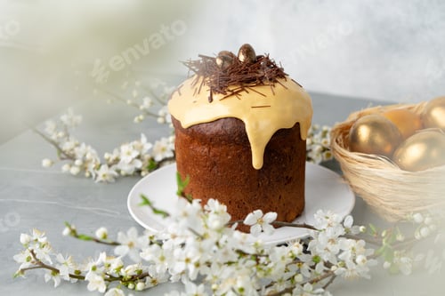 Preview: Easter cake with nest decor on gray background