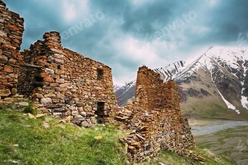 Preview: Fortress On Mountain Background Near Karatkau Village, Kazbegi District, Mtskheta-Mtianeti Region