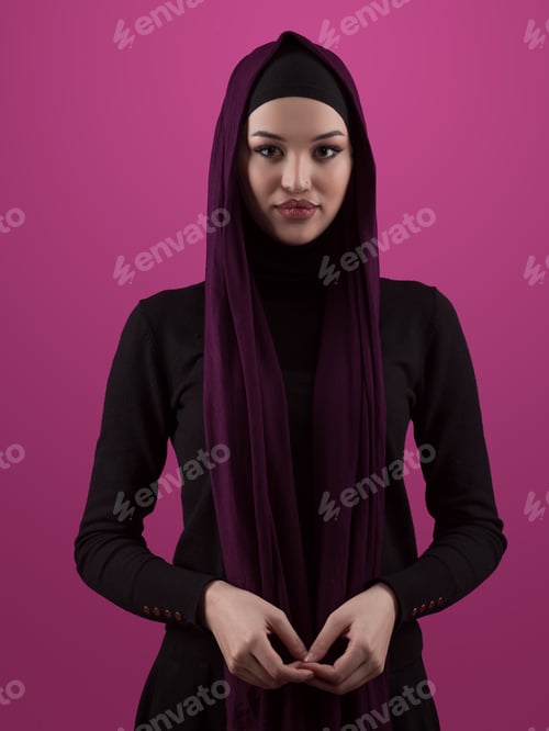 Preview: Modern Muslim woman wearing stylish hijab casual wear isolated on pink background. Diverse people