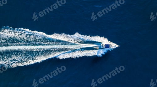 Preview: Vacation and leisure. Aerial view on fast boat on blue Mediterranean sea at sunny day.