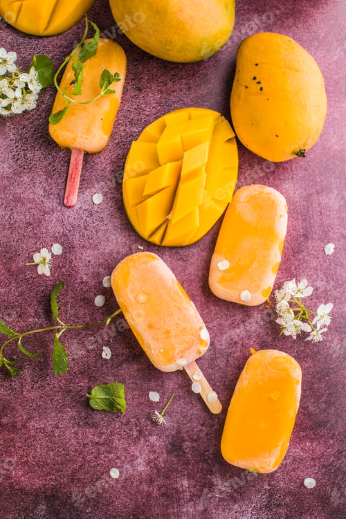 Preview: Mango banana popsicles with fresh fruits, flat lay top view