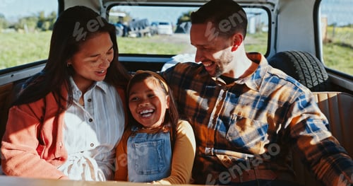 Preview: Laughing, road trip and van with child, family and love for journey, break or countryside travel. H
