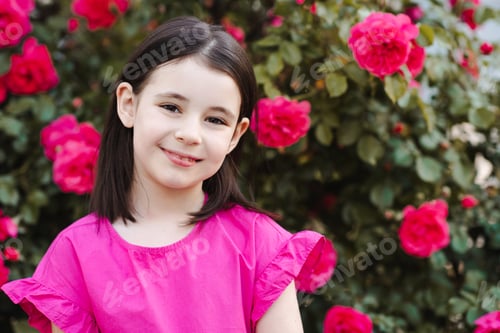 Preview: Cute smiling kid girl with rose flowers in park outdoor