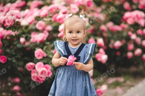 Preview: Funny child girl with rose flowers in garden outdoor