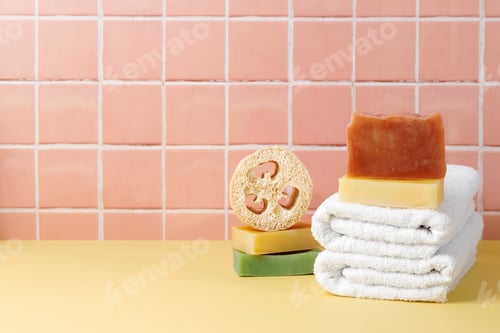 Visualização: Sabonete natural e esponja, toalhas de algodão, cuidados corporais ecológicos na mesa dentro de um banheiro