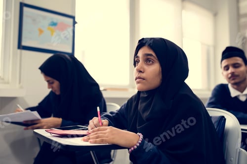Preview: diverse muslim children studying in classroom