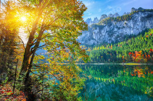 Preview: autumn scenery with Dachstein mountain summit reflecting in crystal clear Gosausee mountain lake
