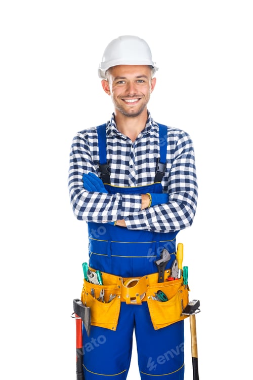 Preview: Happy smiling construction worker in uniform and tool belt with crossed arms
