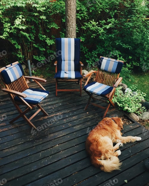 Preview: Three chairs stand outdoor and dog sleeps on wooden floor, breathes fresh air, waits for hosts