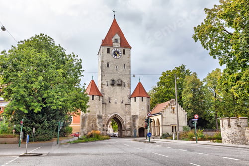 Preview: Medieval city gate with clock tower in Regensburg