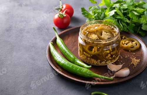 Preview: Jalapeno hot pepper, sliced in a jar with spices on a wooden plate with fresh vegetables