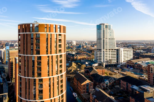 Preview: Aerial view of Curved architecture at Granary Wharf in Leeds in a cityscape skyline