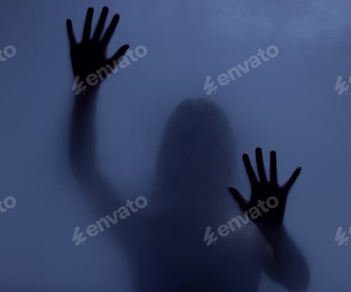 Preview: Horror, mystery and shadow of a woman on a window for fear, escape or nightmare. Dark, hands and a