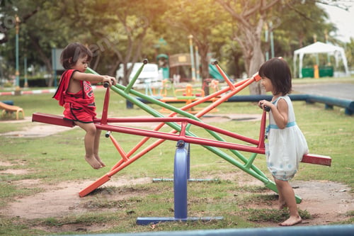 Preview: Two happy little girls on teetering board outdoor
