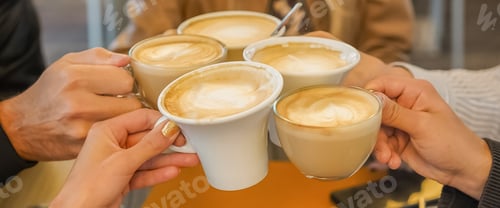 Preview: Group of friends drinking coffee in bar and toasting with each other