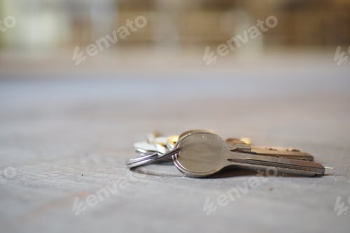 Preview: house keys on the ring on table in a room. To forget keys at home concept ,