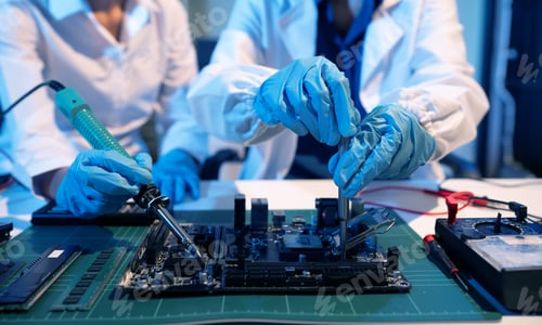 Preview: Technician measuring voltage electronic circuit board, Service after sale fix electric equipment.