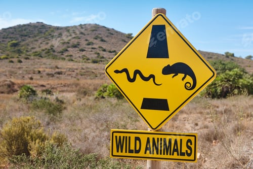 Preview: Wild animals road sign. Alert message. Snakes and chameleons