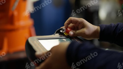 Preview: Close up shot of mechanic controlling machine in the factory