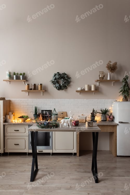 Preview: Christmas decor in kitchen. Christmas tableware. Christmas cooking utensils.