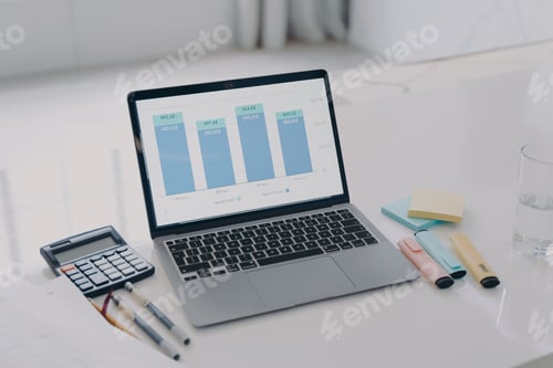 Preview: Laptop screen with bars of graphs on display. Data analysis and company growth concept.