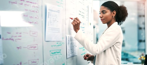 Visualização: Mulher de negócios, escritora e quadro branco em planejamento, brainstorming ou estratégia corporativa no escritório.