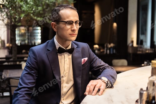Preview: stylish man in stylish suit sitting at bar counter of luxury restaurant