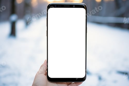 Preview: Smartphone in female hands in the winter forest. Sunny winter day. mobile smart phone mockup