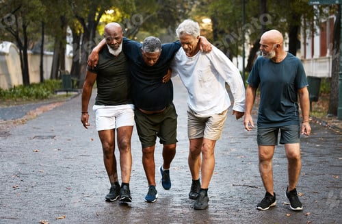 Preview: Help, injury and fitness with man friends in a park together for exercise, training or fitness. Hea
